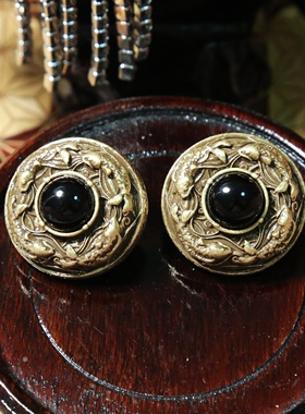 中古vintage耳环宫廷风耳坠中古耳钉黑色复古金色耳环耳饰