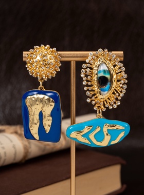 中古风复古宫廷风高级感复古镀真金项链耳钉925银针珐琅恶魔之眼