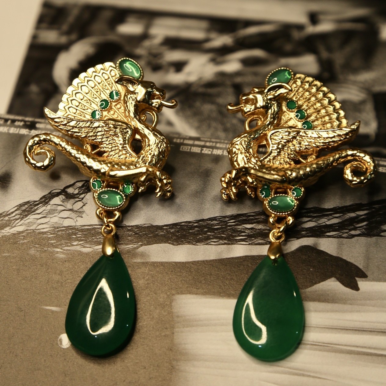 vintage中古复刻项链欧洲回流天然石串珠黄铜雾金复古金琉璃耳环