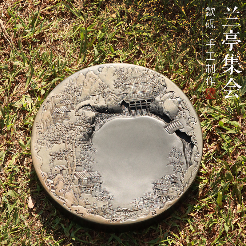 歙砚兰亭雅集水坑金晕俏色设计手工匠心精雕细刻文房四宝砚台孤品