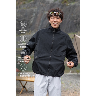 户外徒步拼接网纱透气立领夹克男士秋季宽松防水耐磨外套