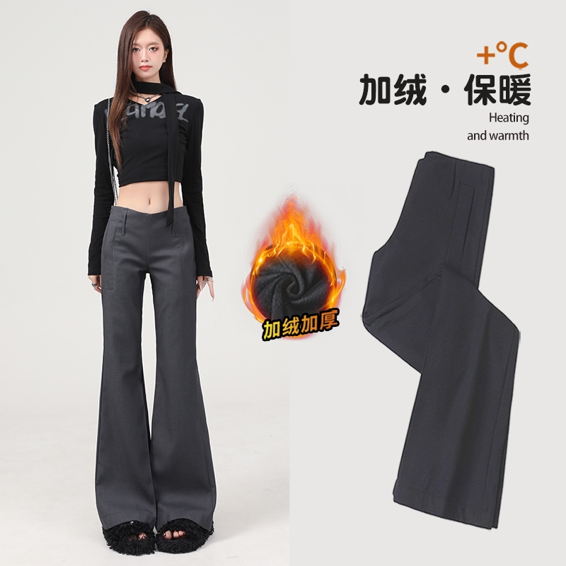 尚雅XK92款灰色加绒加厚气质褶皱低腰西装裤女修身直筒微喇叭裤