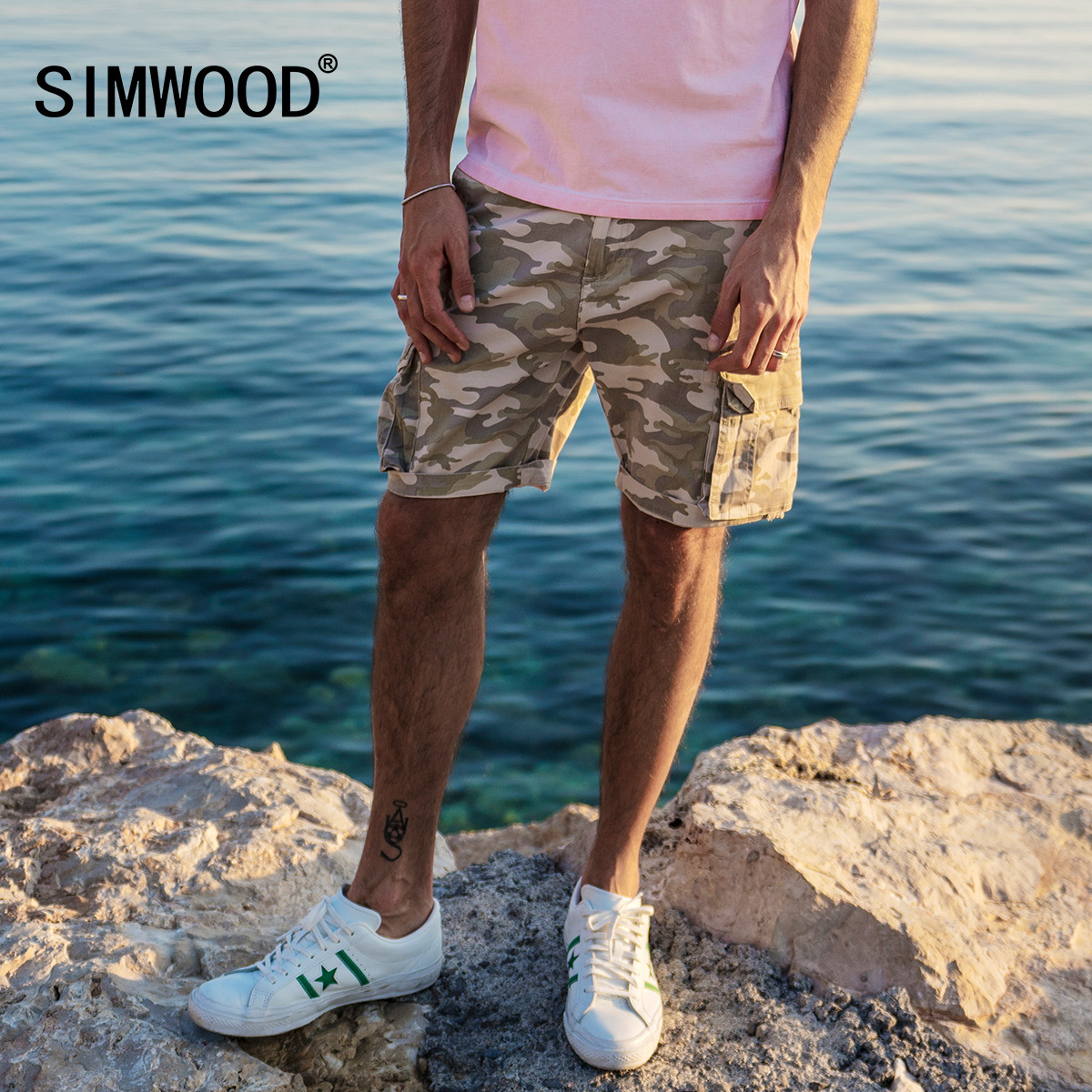 Simwood¼òľÄÐ×°2018Ïļ¾Ð¿îÃÔ²ÊÓ¡»¨¶à´ü¹¤×°ÐÝÏÐÎå·Ö¶Ì¿ãÄг±
