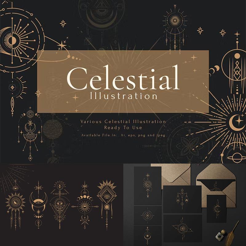 神秘太阳几何图腾荷鲁斯之眼标志卡片装饰黑金AI矢量PNG免抠素材