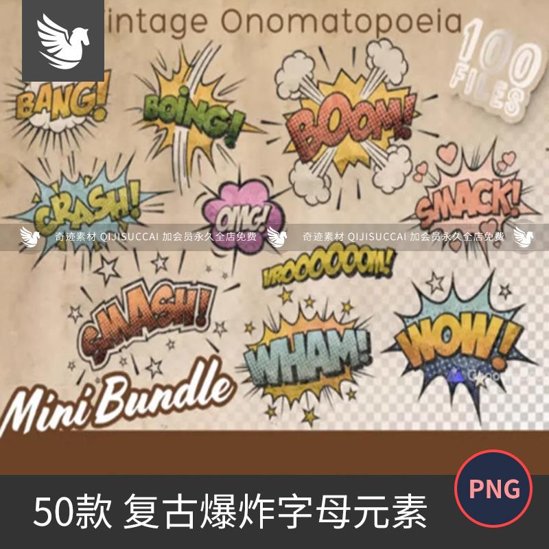 美式复古漫画拟声词爆炸不干胶贴纸免抠PNG图案美易手账素材