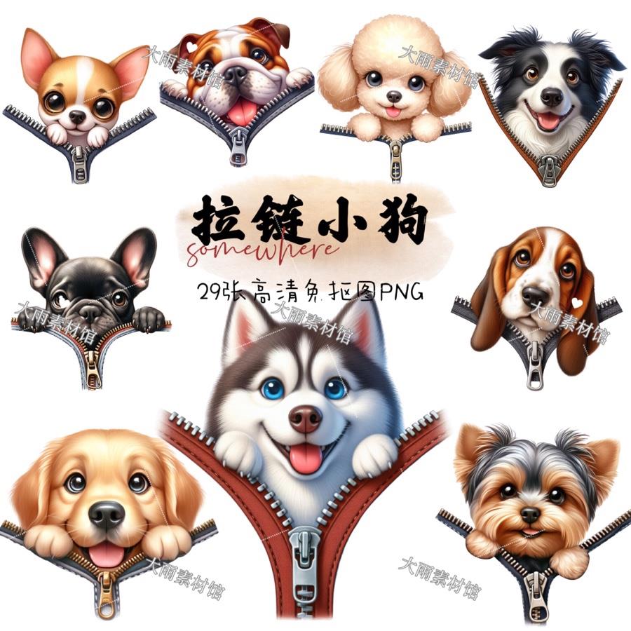 Vha07可爱拉链小狗T恤烫画图案热转印花插图设计高清PNG免抠素材