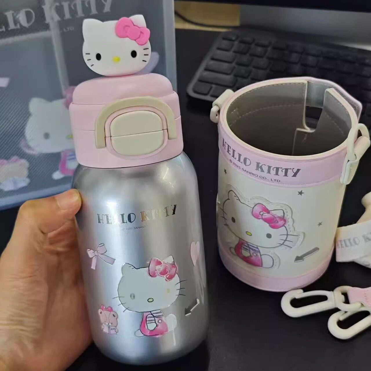 现货杯具熊绽放hellokitty保温杯可爱学生水壶杯子双饮吸管儿童杯