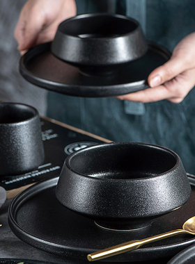 创意黑色陶瓷餐具米饭碗面碗汤碗沙拉碗高脚碗西餐盘牛扒盘菜盘子
