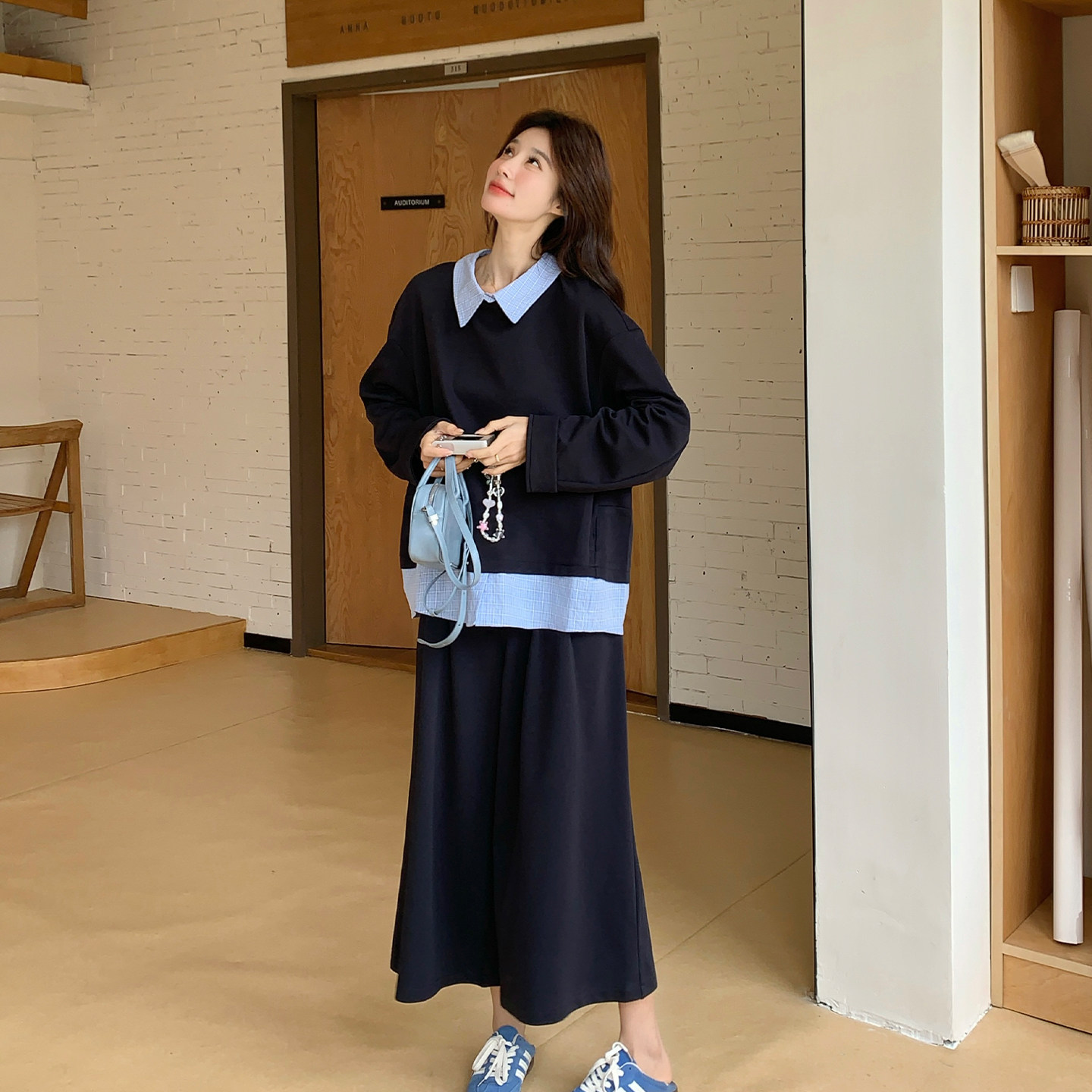 藏青色韩系随性慵懒风套装女拼接假两件上衣阔腿裤两件套2026春款