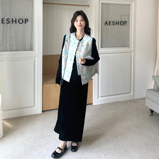 新中式国风高级感丝绒连衣裙套装女2026春提花马甲显瘦长裙两件套