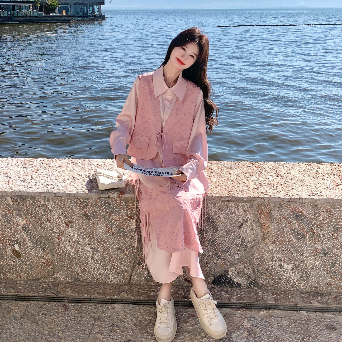 粉色新中式国风提花套装女2026春新款假两件系带上衣半身裙两件套