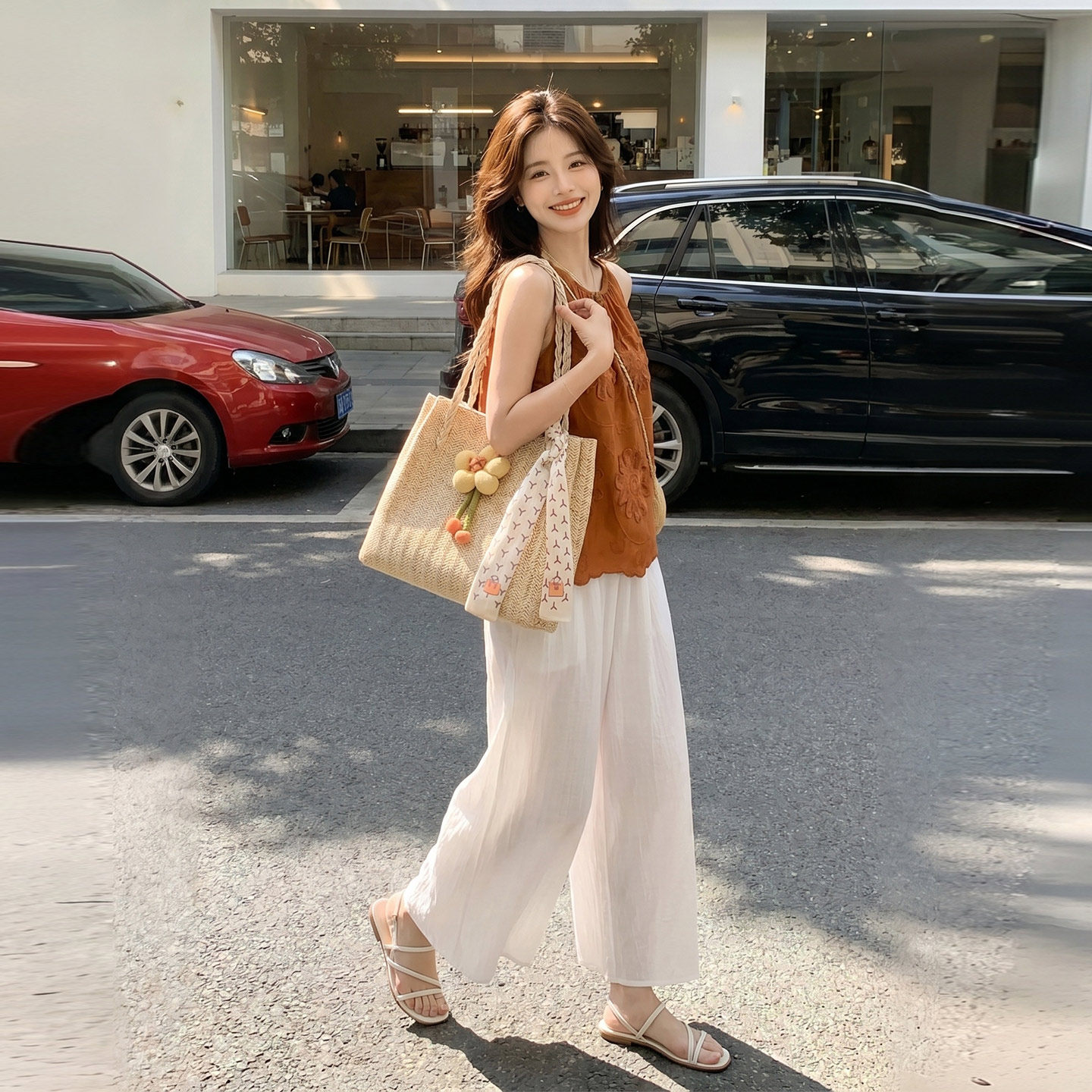 港味御姐风气质套装女2026夏新款设计感立体绣花背心阔腿裤两件套