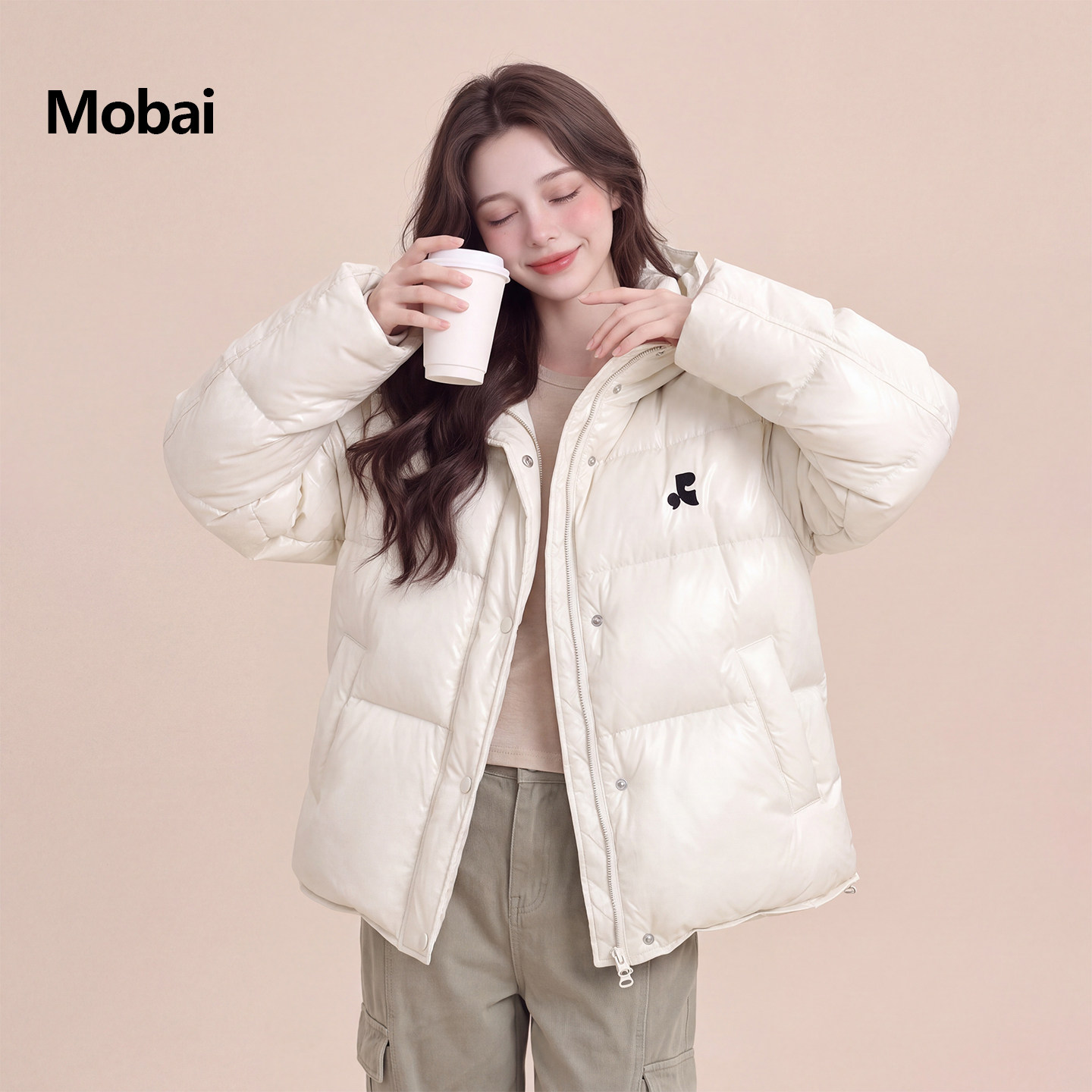 米白连帽加厚白鸭绒羽绒服女冬