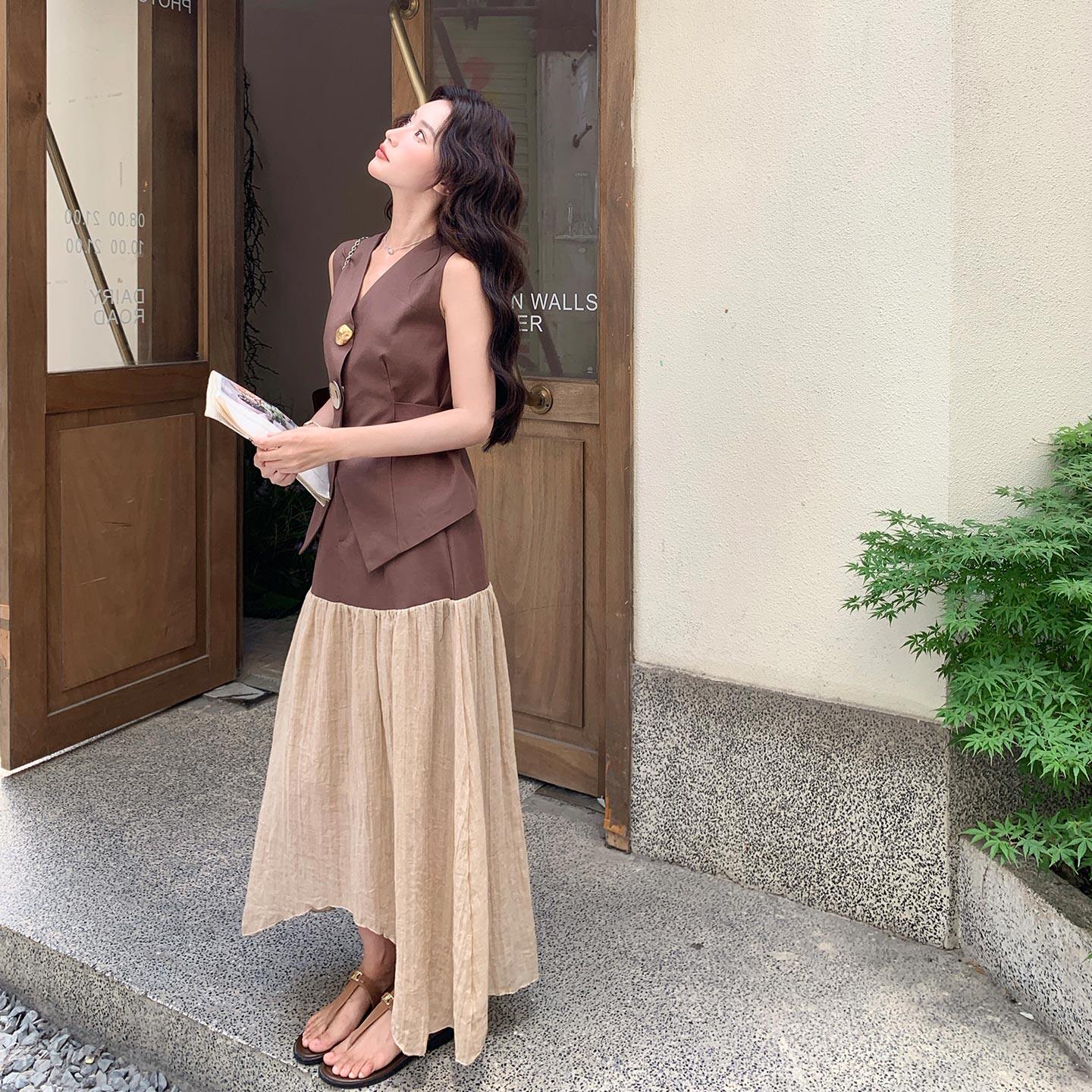 夏季波西米亚风休闲洋气套装女2026新款西装马甲拼接半身裙两件套