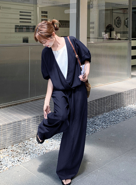 深蓝色复古松弛感夏日减龄套装2026新款拼色假两件上衣长裤两件套