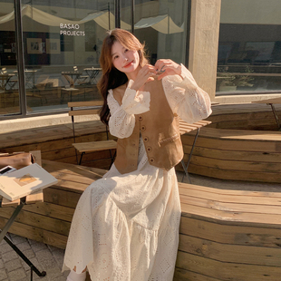 法式高级感镂空刺绣连衣裙女套装女2026春新款复古马甲长裙两件套