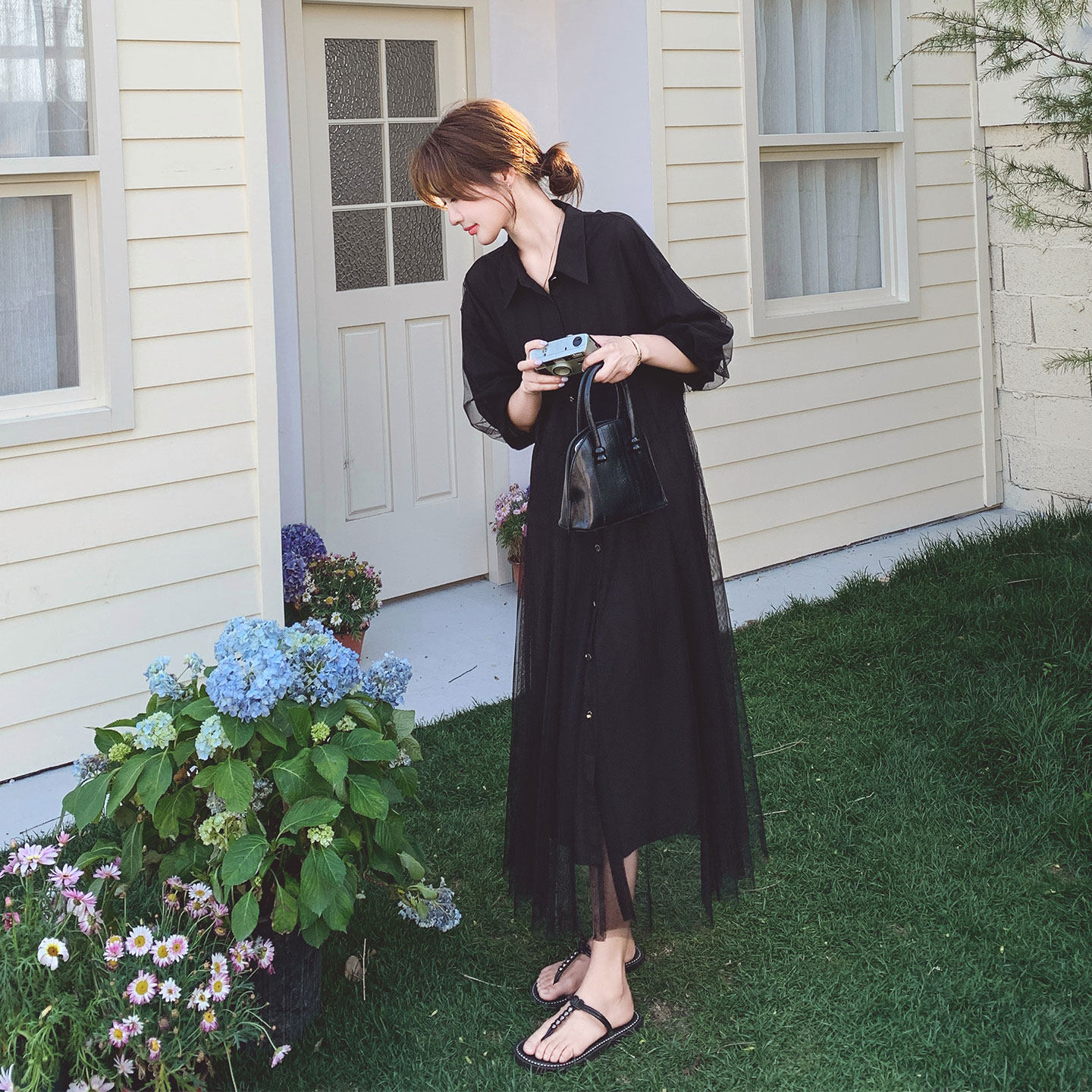 黑色韩版高级感轻熟网纱拼接连衣裙女2026春季新款休闲时尚衬衫裙