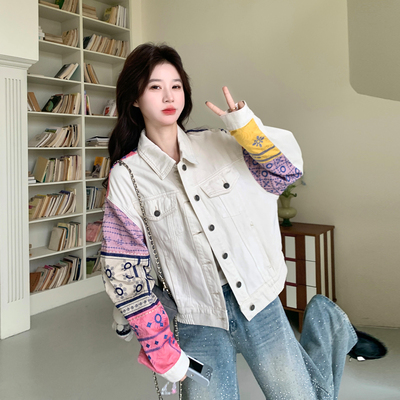 米杏色超火设计感刺绣袖子外套女2026春天新款韩版松弛感拼色上衣