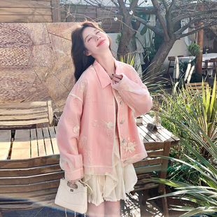 粉色甜美风精致刺绣短外套女2026春季小个子超好看超好看翻领夹克