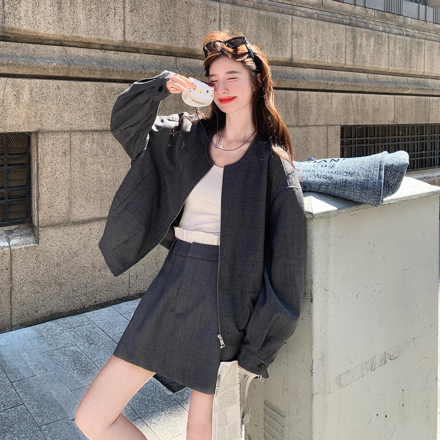灰色轻熟酷飒风小个子穿搭女2026新款休闲圆领外套半身裙两件套秋