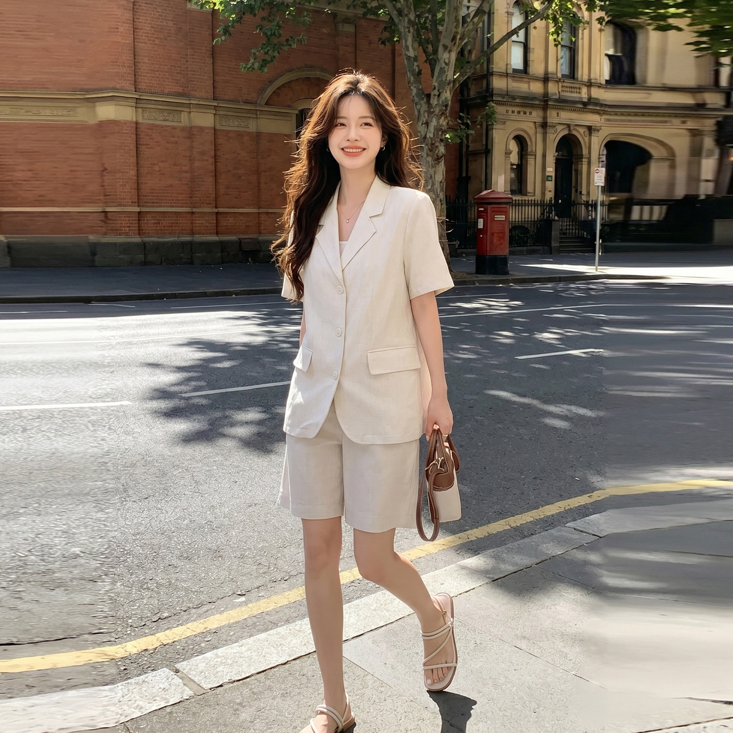 夏季老钱风短袖西装短裤两件套女