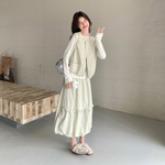 早春休闲设计感马甲套装女高级感木耳边拼接花苞裙两件套2026新款