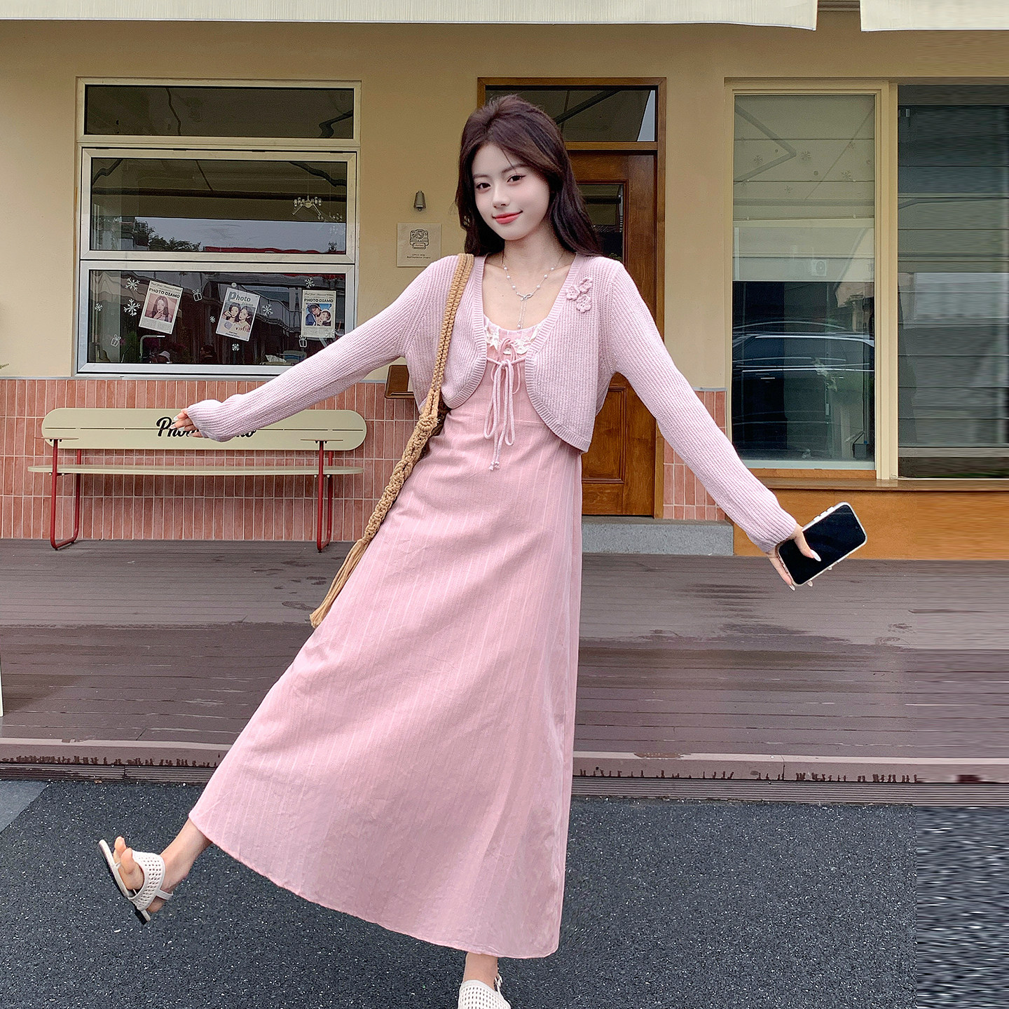 粉色韩式甜美风条纹吊带连衣裙套装女2026新款针织开衫两件套夏日