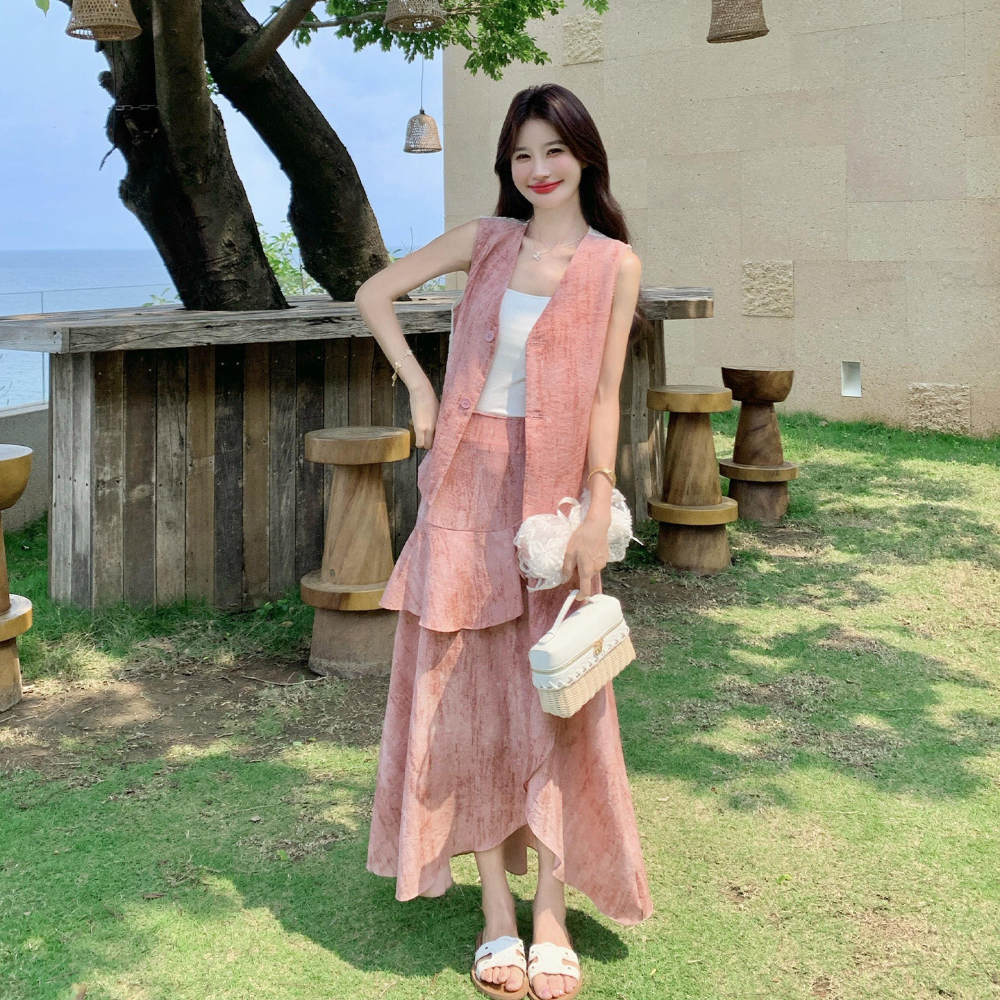 粉色优雅扎染风印花套装女2026夏新款高级感气质马甲半身裙两件套
