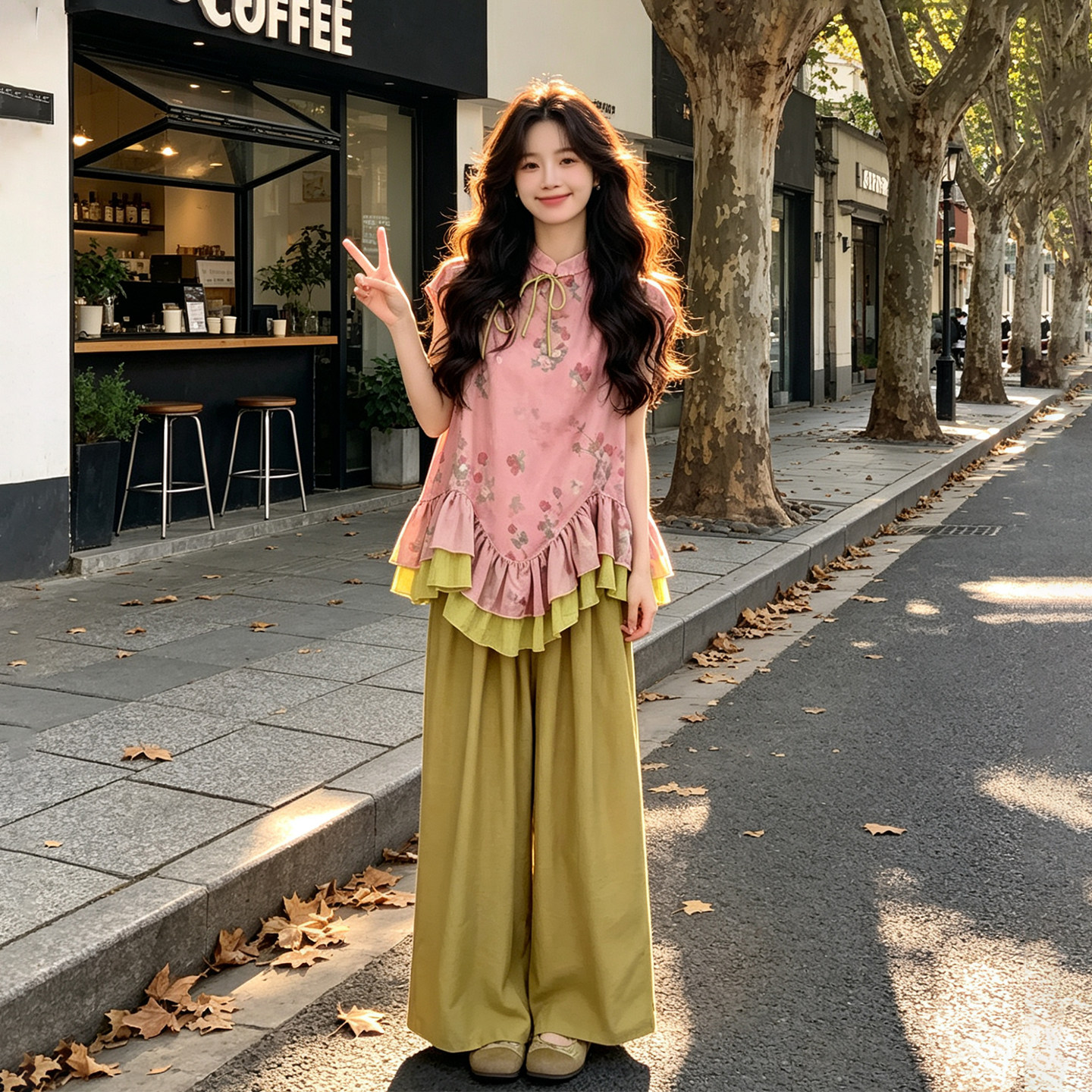 粉色温婉气质淑女风套装2026新款拼色荷叶边碎花上衣阔腿裤两件套