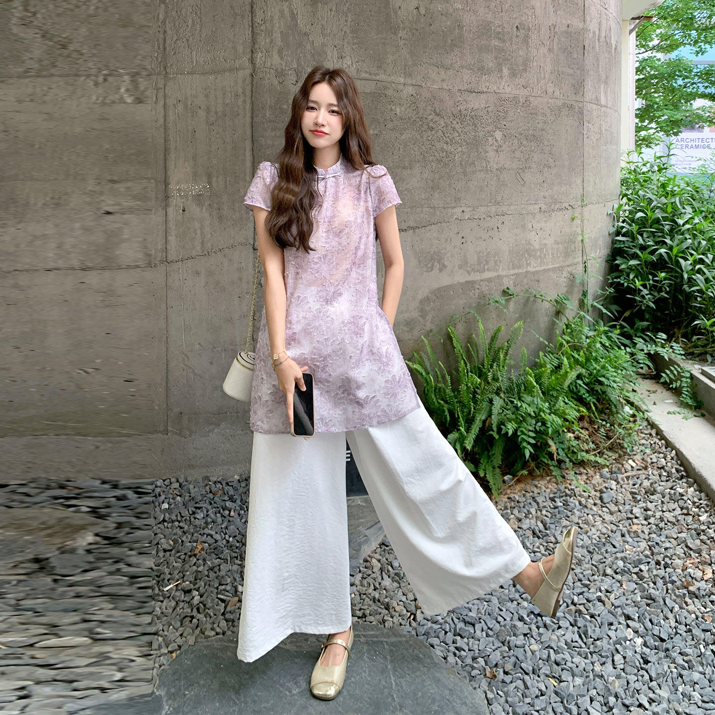 紫色新中式温柔提花盘扣改良旗袍套装女2026夏季新款阔腿裤两件套