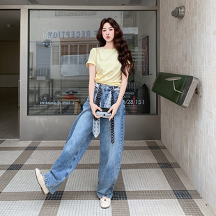 成套搭配休闲时尚套装女夏2026新款韩版纯色T恤阔腿牛仔裤两件套