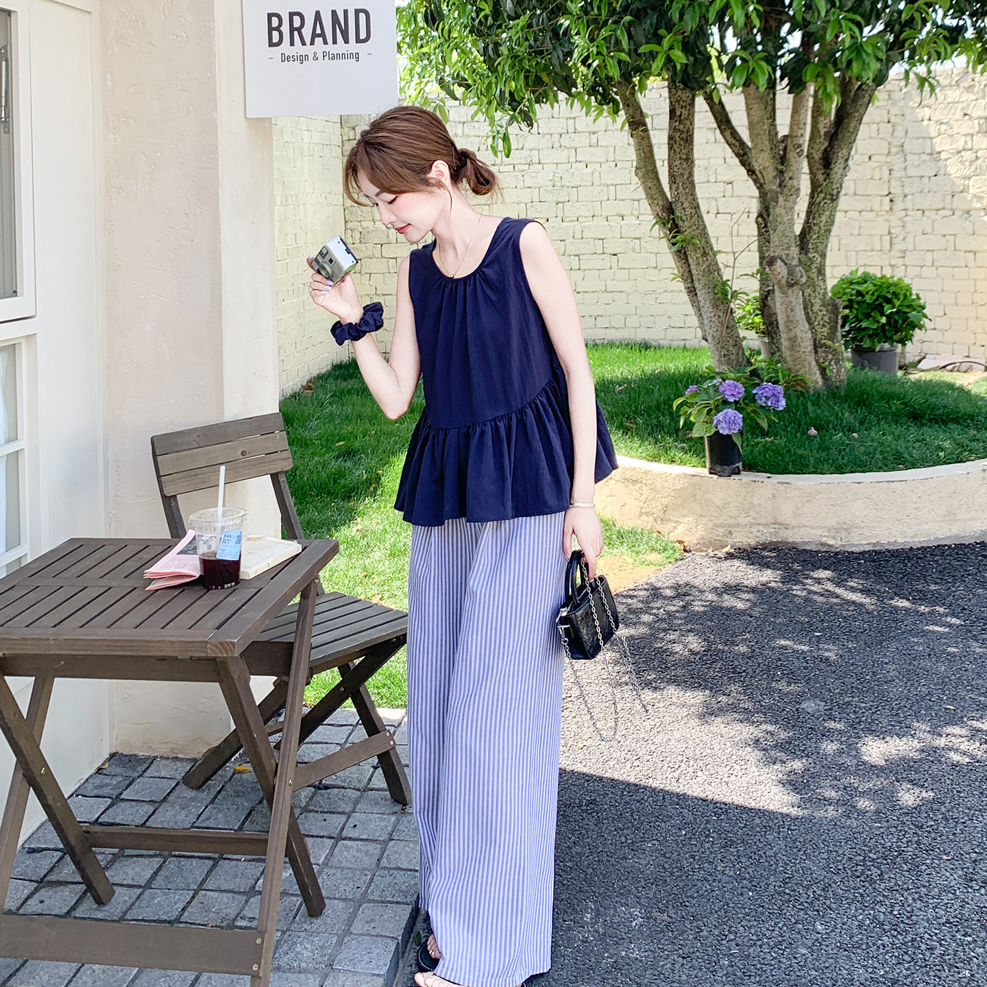 夏季女装条纹长裤两件套