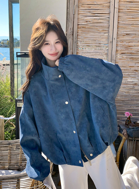 春日时尚新款设计感雾蓝色外套女2026新款小个子百搭宽松显瘦夹克