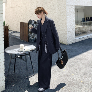 藏青色韩系通勤风气质西服套装女2026春季高级感马甲阔腿裤三件套