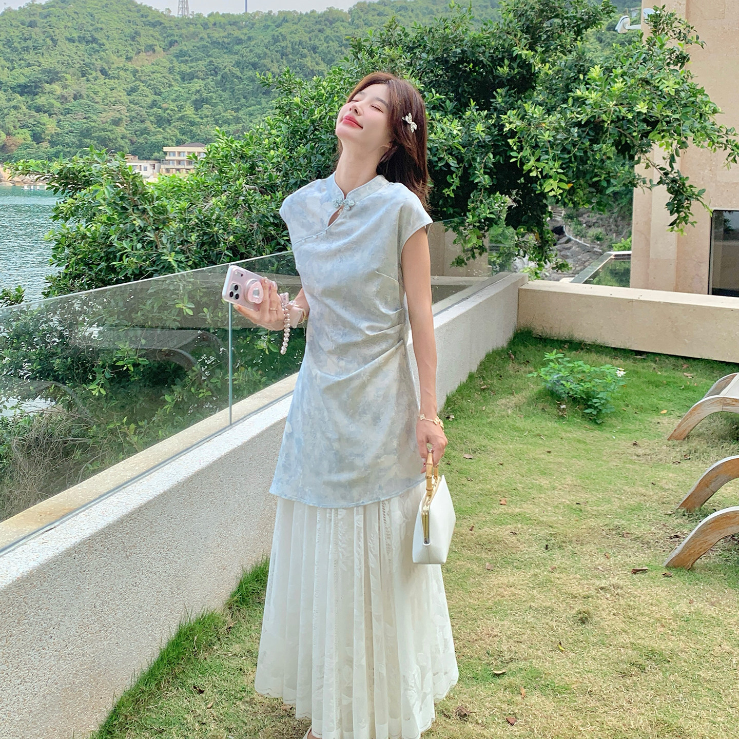 夏日绝美新中式国风套装女2026新款盘扣提花上衣蕾丝半身裙两件套