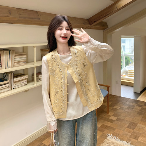 新中式重工钉珠马甲两件套