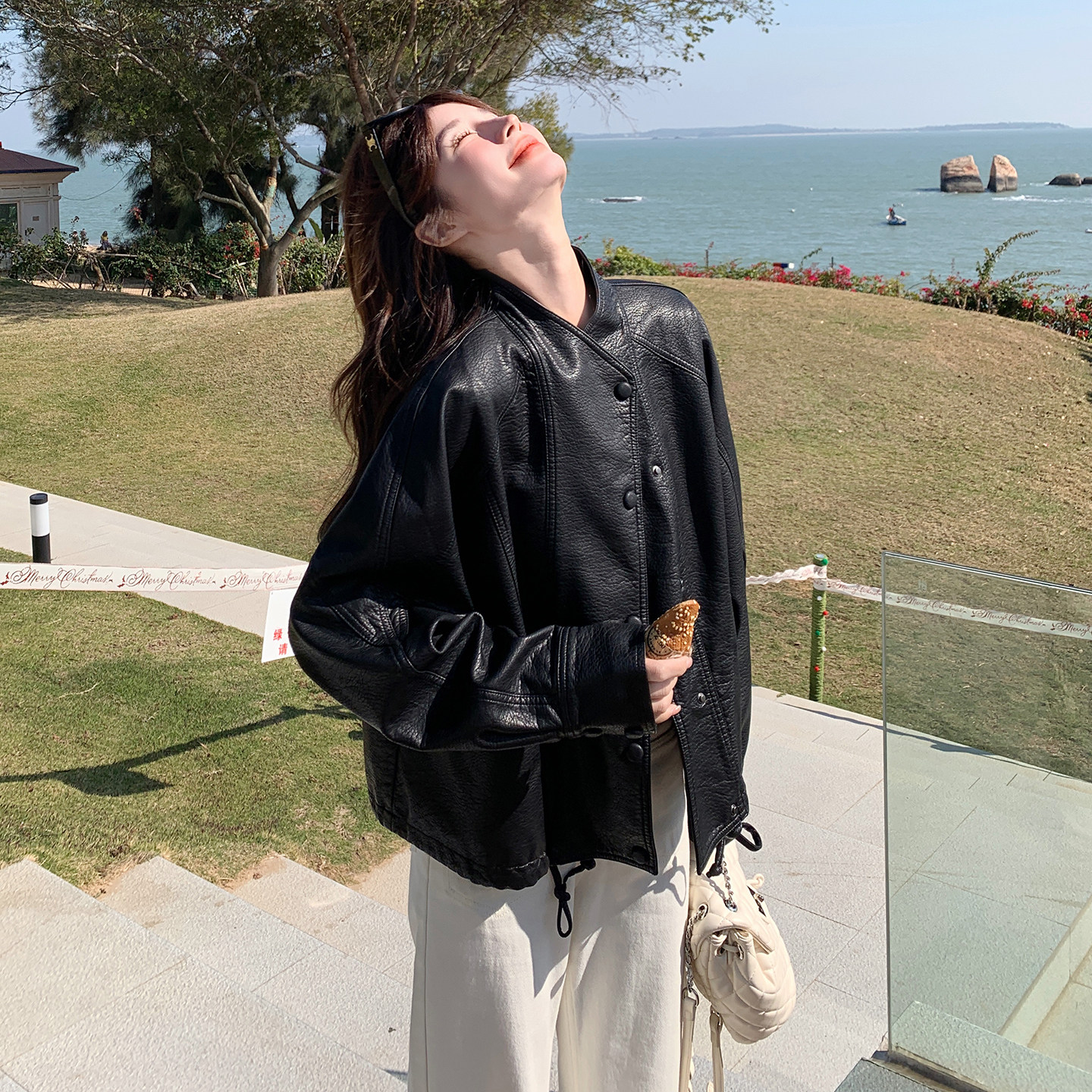 黑色超A又酷又飒PU皮衣外套女2026春新款韩系高级感短款抽绳夹克