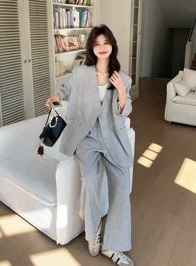 灰色高级感老钱风穿搭套装女2026春新款气质V领西装阔腿裤两件套
