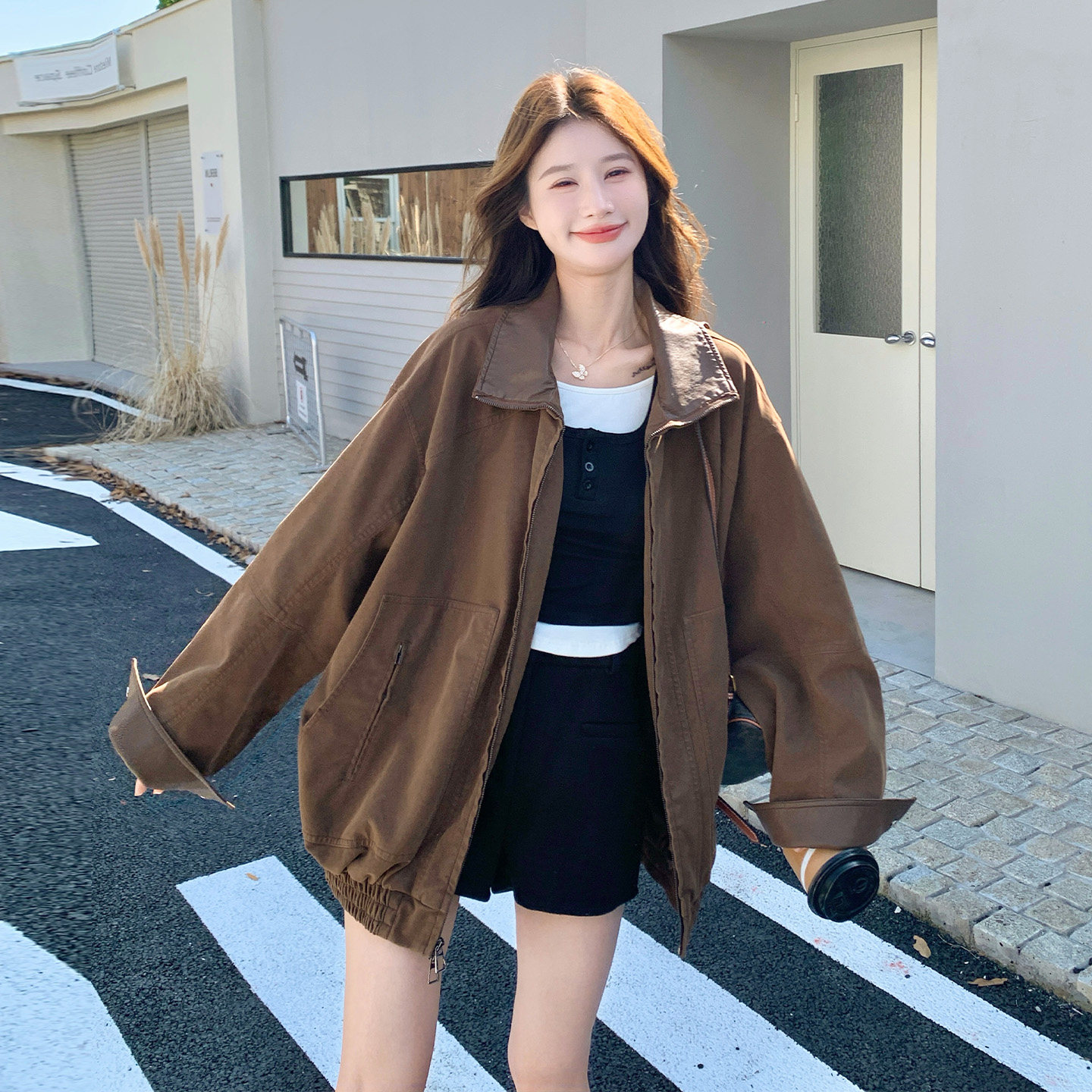 美拉德风翻领短外套女宽松廓形