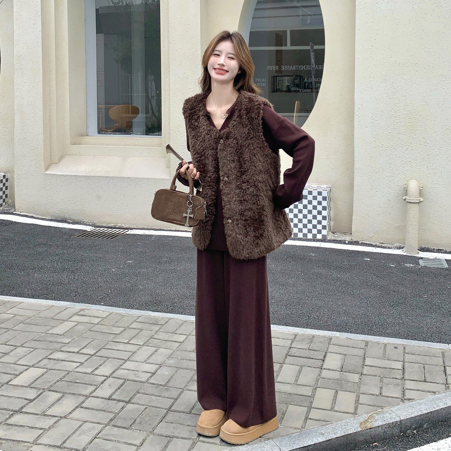 秋冬羊羔毛马甲阔腿裤女三件套
