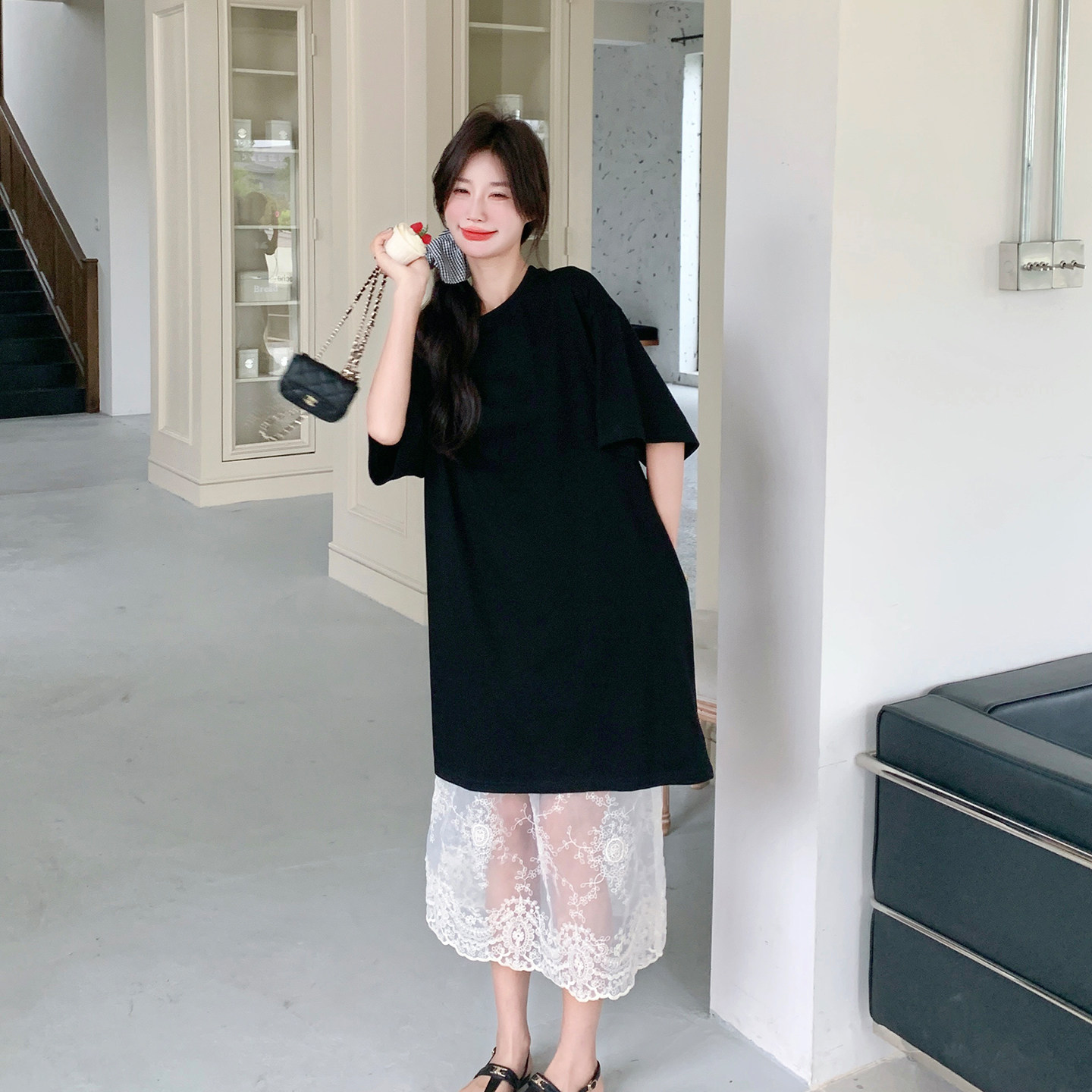 夏季黑色蕾丝拼接短袖T恤两件套