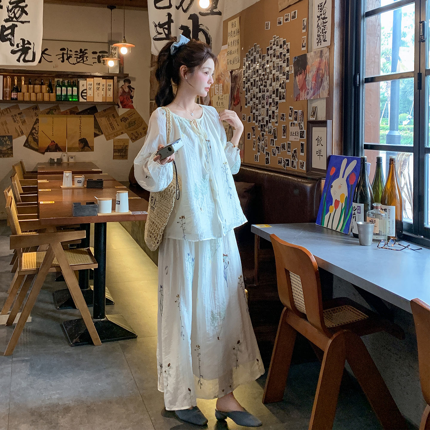 森系穿搭小清新绣花套装女2026夏新款松弛感系带上衣半身裙两件套