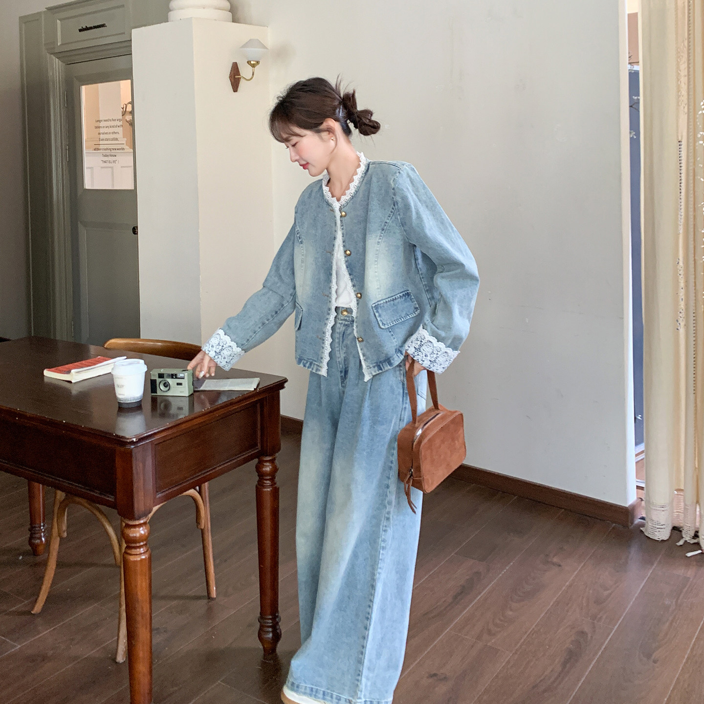 C305蕾丝拼接牛仔套装328/348