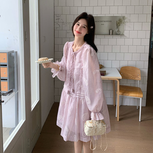 粉紫色法式甜美气质绣花连衣裙女2026初春新款小个子木耳边A字裙