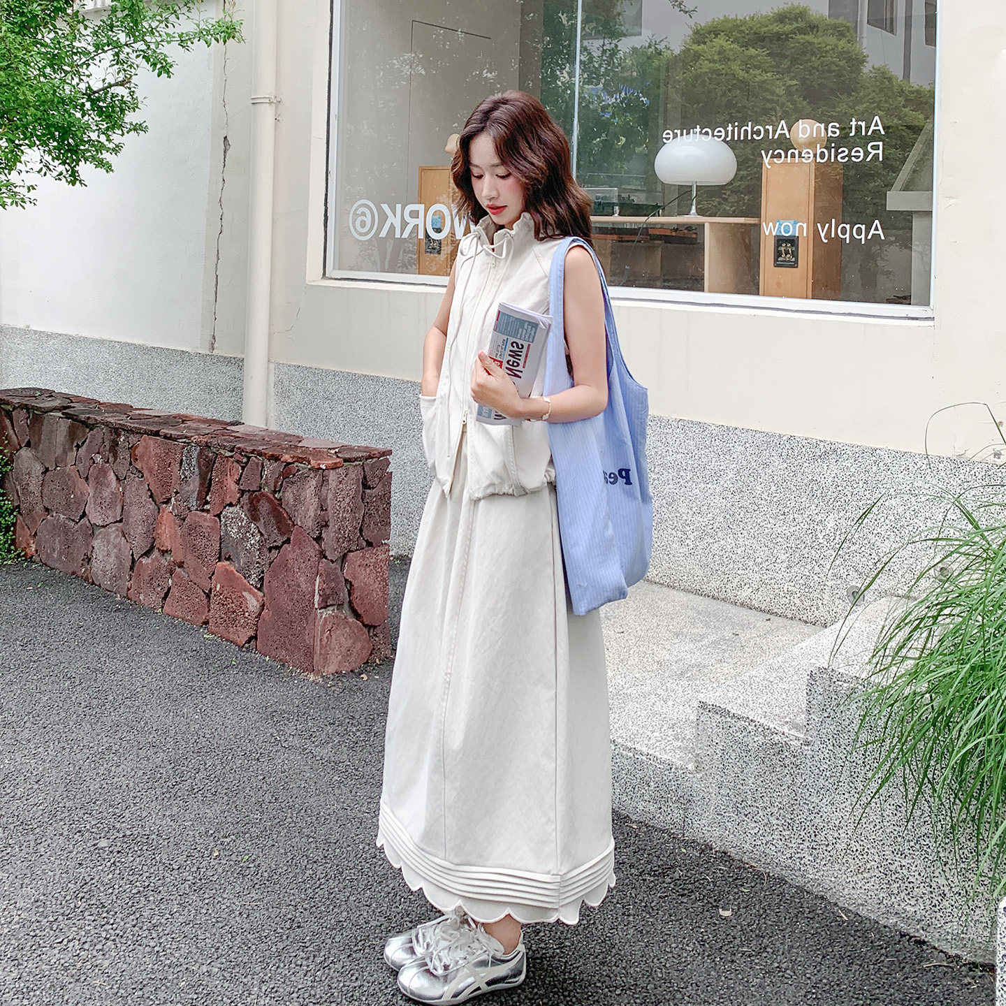 米白色韩式ins风气质套装夏2026新款设计感马甲花边半身裙两件套