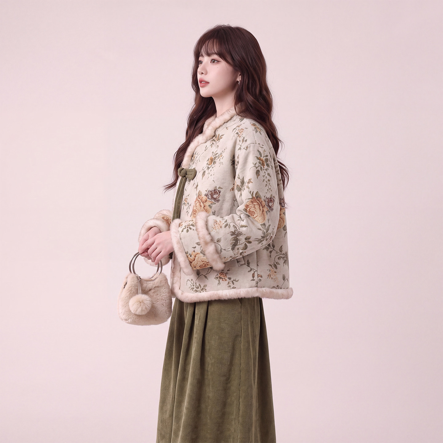 新中式毛绒印花冬季女外套半裙套