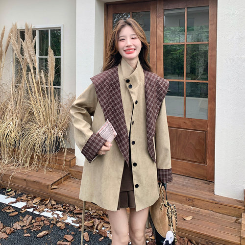格纹拼接立领女中长款风衣
