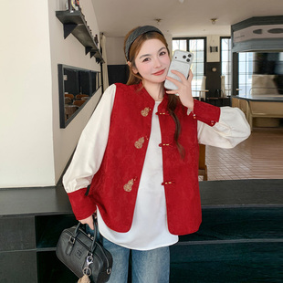 红色新中式国风盘扣马甲套装女2026春季小个子气质减龄衬衣两件套