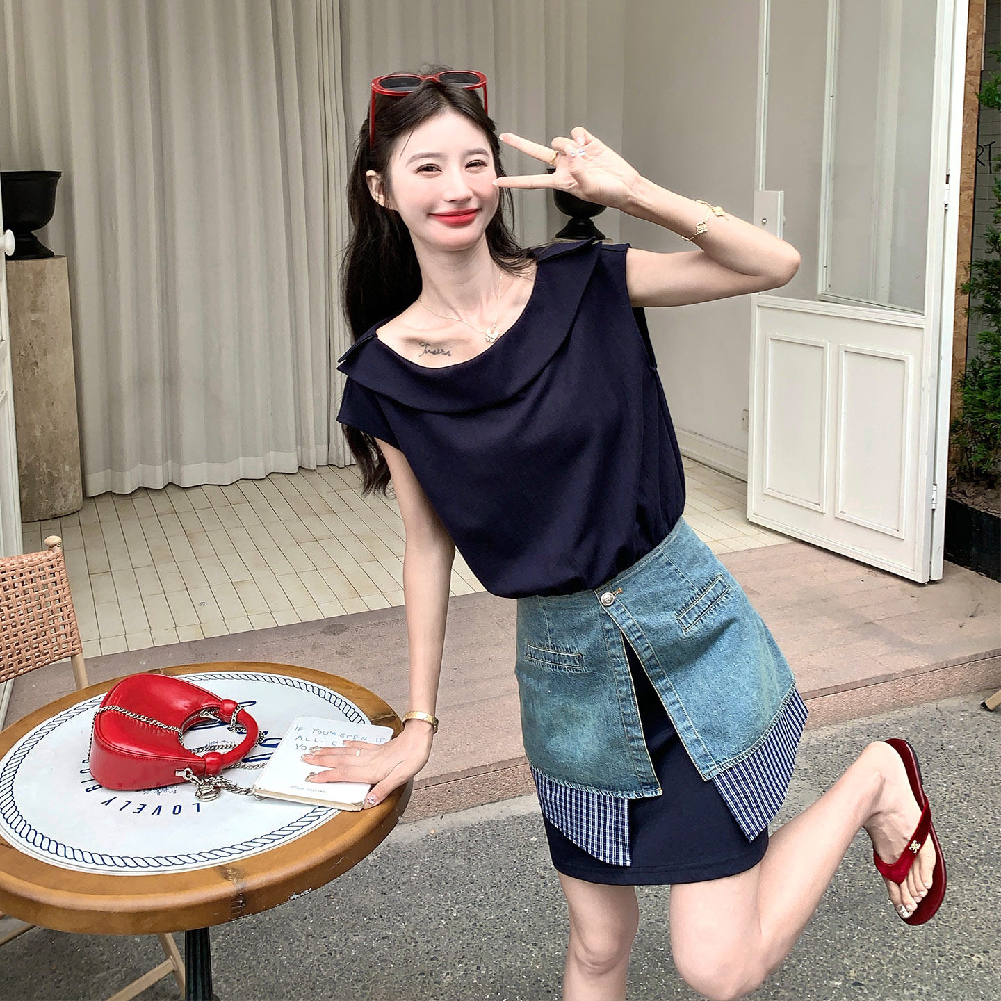 夏日休闲洋气时髦精穿搭女小个子荡领T恤拼接短裙两件套2026新款
