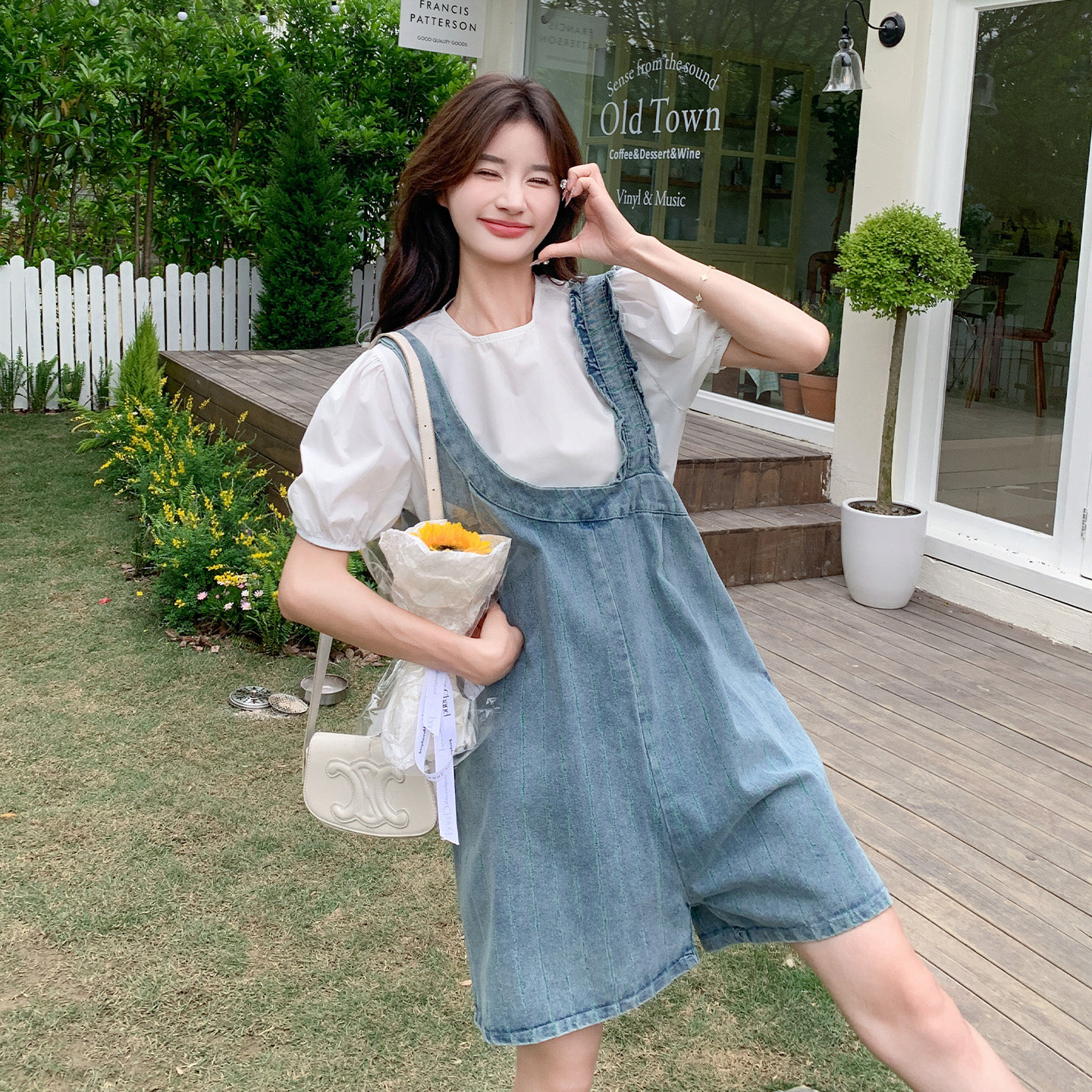 法式气质减龄小个子牛仔背带裤套装女2026夏季新款短袖T恤两件套